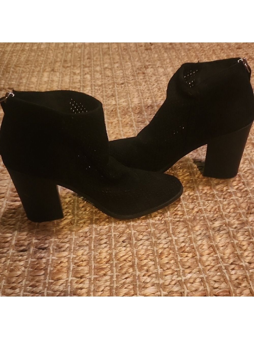 Cityclassified Black Heeled Perforated Faux Suede 7 Boots Elegant and Versatile